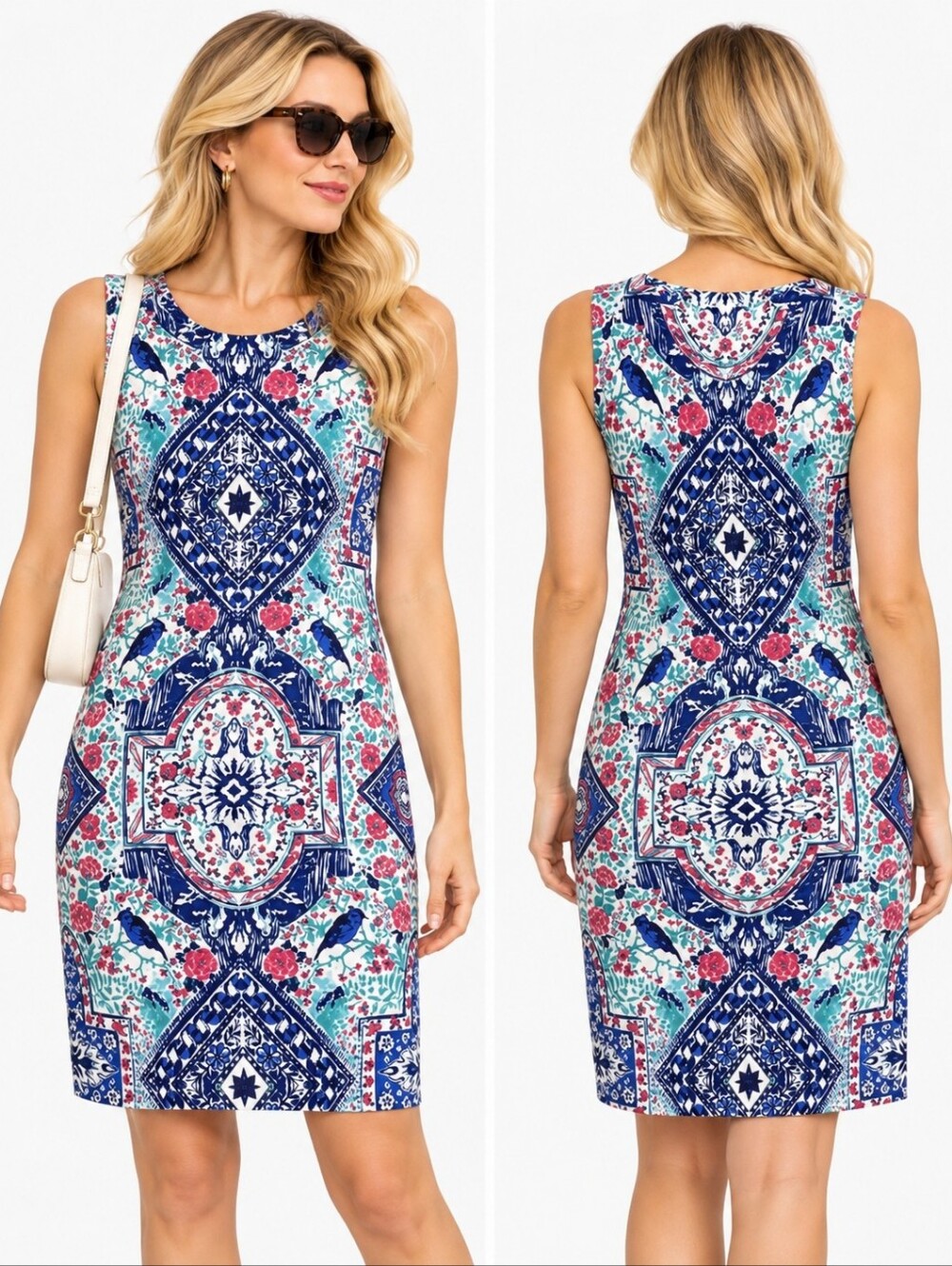 Charter Club Petite Mandala Floral Bird Print Sheath Dress Women's PM Navy Teal